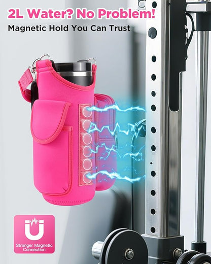 IPOW Magnetic Gym Bag Water Bottle Carrier Holder with Phone Pockets & Shoulder Strap for Men Women,Water Bottle Holder, Gym Pouch, Crossbody Bag for Travel, Sports, Work, Fitness - Rose Pink