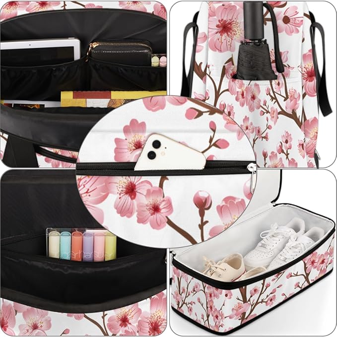 Foldable Travel Duffel Bag for Women, Overnight Weekender Bag Cherry Blossom Floral Carry on Duffel Bag Luggage Sports Gym Tote Bag with Shoes Compartment, Water Rresistant Shoulder Bag