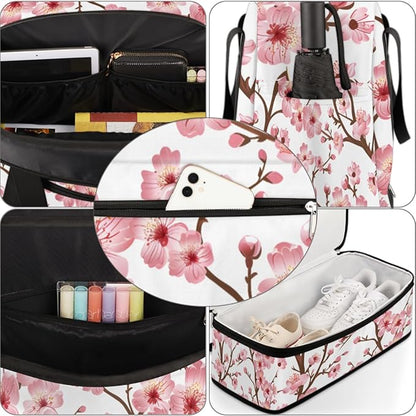 Foldable Travel Duffel Bag for Women, Overnight Weekender Bag Cherry Blossom Floral Carry on Duffel Bag Luggage Sports Gym Tote Bag with Shoes Compartment, Water Rresistant Shoulder Bag