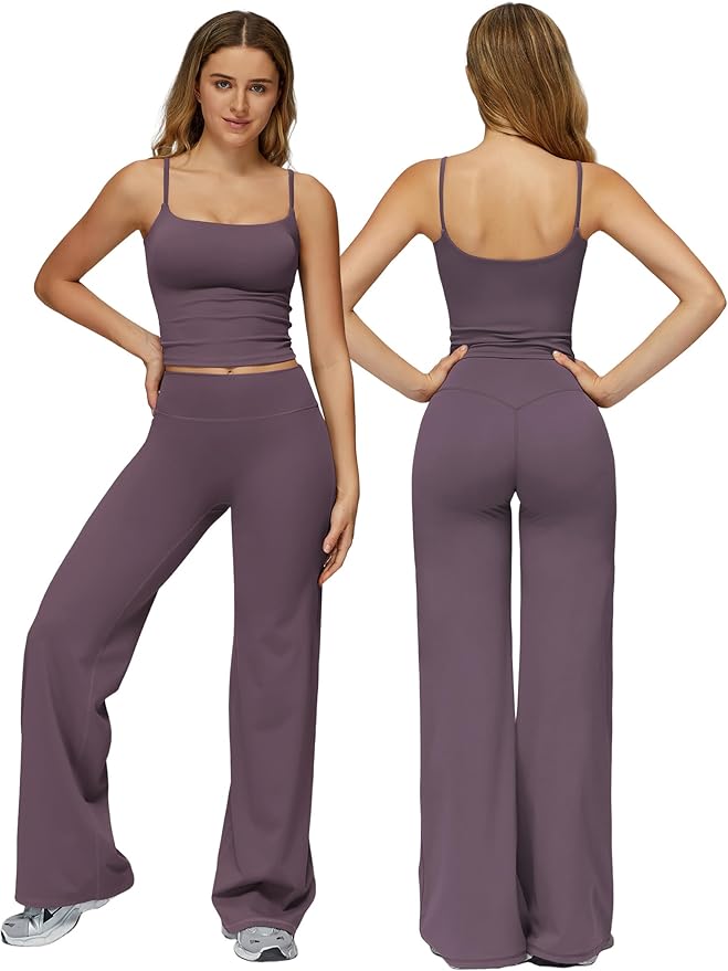 Womens Workout Sets Two Piece Spaghetti Straps Crop Top Matching Straight Leg Pants Gym Work Pilates Outfits