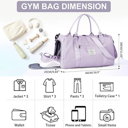 Gym Bag for Women with Shoes Compartment,Small Duffel Bag Sport bag with Toiletry Bag Overnight Travel Tote Bags Weekender Carry on Bag Personal Item Bags for Airlines Light Purple
