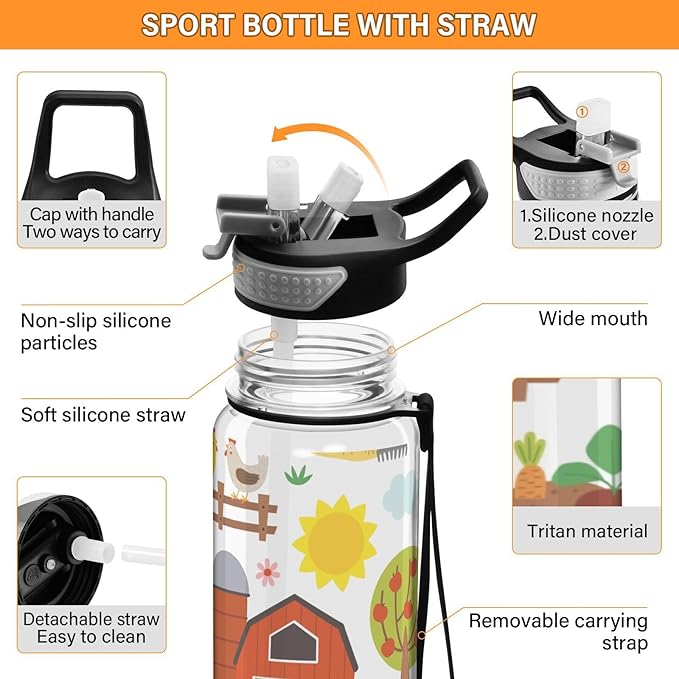 Burbuja Farm Animals 32 oz Water Bottle with Straw Lid, Leakproof & BPA Free Tritan Bottle for Gym Fitness Outdoor Sports
