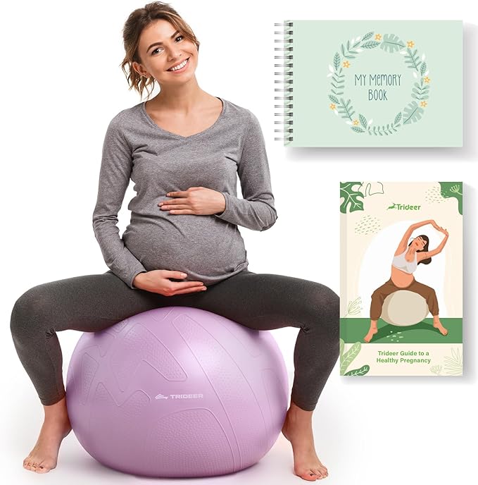 Trideer Pregnancy Birthing Ball, 1.7mm Extra Thick Yoga Ball for Maternity, Labor, Physio, Recovery, Illustrated Exercise Guide & Baby Memory Book Included, 1000LB Anti-Burst & Non-Slip Stability Ball