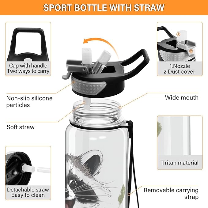 Fustylead Happy Cute Raccoon 32oz Water Bottle with Straw, Leakproof Clear Sport Water Bottles for Gym Camping Hiking Travel