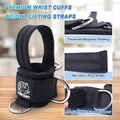 J Bryant Adjustable Wrist Cuffs with Multiple D-Rings, Weight Lifting Straps for Cable Machines, Strength Training, Fitness & Bodybuilding