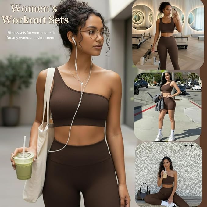 4 Pcs Women's Workout Sets Pilates Exercise Outfit Ribbed Scoop Neck Sports Bra Shorts Leggings Gym Clothes Set