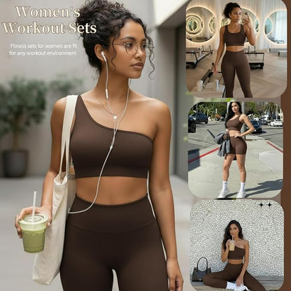 4 Pcs Women's Workout Sets Pilates Exercise Outfit Ribbed Scoop Neck Sports Bra Shorts Leggings Gym Clothes Set