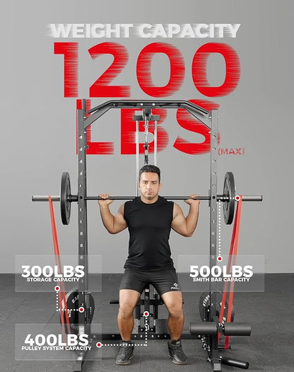 Mikolo Smith Machine Home Gym Power Cage (1:1 Ratio Strength Trainer) (Space Saving Design) (with 8 Free Attachments) Squat Rack for Full Body Training