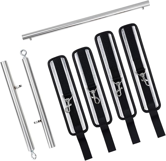 Spreader Bar Heavy Duty Stainless Steel Expandable Silver Bar Home Gym with 4pcs PU Purple Adjustable Strap,Sports Aid Training Fitness Gear Pilates Aid Kit,Yoga Set