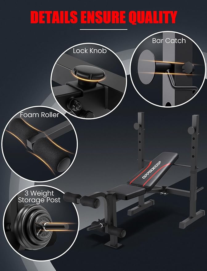 OPPSDECOR Adjustable Weight Bench Set with Squat Rack, 3 Sec Folding Workout Bench for Full Body Exercise, 600LBS All-in-One Bench Press with Leg Curl & Leg Extension, Incline Decline Flat Home Gym Bench for Teens Adults