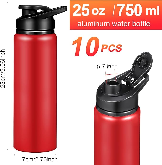 Chengu 10 Pcs 25oz Reusable Aluminum Water Bottle Bulk Lightweight Outdoor Sports Water Bottles Easy Carry Leak Proof for Travel Gym Camping Hiking Fishing, Snap Lid (Red)