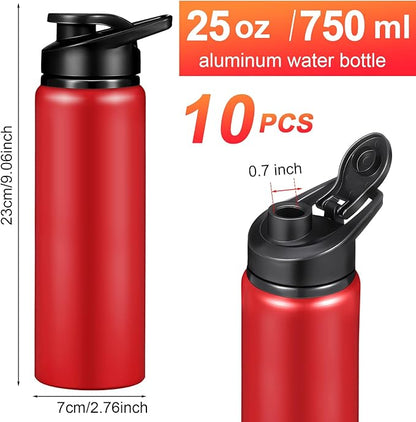 Chengu 10 Pcs 25oz Reusable Aluminum Water Bottle Bulk Lightweight Outdoor Sports Water Bottles Easy Carry Leak Proof for Travel Gym Camping Hiking Fishing, Snap Lid (Red)