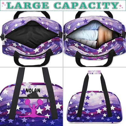 Personalized Cheerleading Bag for Girls Teens, Custom Sports Gym Bag Name Ranked Overnight Duffel Bag for Practice Gymnastics Ballet Bag, Purple Stars Cheer Girls