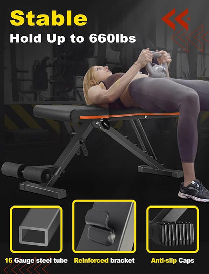 LINODI Adjustable Weight Bench for Home Gym，Foldable Incline Decline Flat Workout Bench for Full Body Strength Training, Dumbbell Press & Ab Exercises