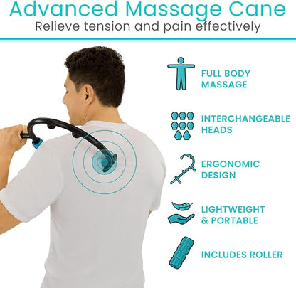 Vive Massage Cane with Roller - Interchangeable Heads - Trigger Point Tool - Neck, Back, Shoulder, Muscles Massager Handheld - Manual Self Massager - Muscle Knot Remover - Deep Tissue Pain Relief