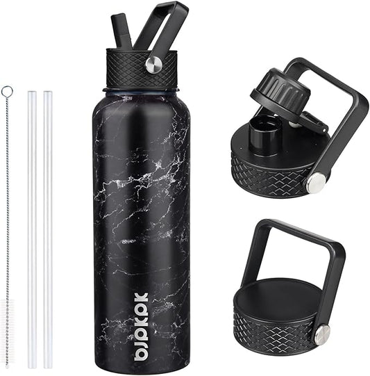 BJPKPK Insulated Water Bottles with Straw Lid, 40oz Stainless Steel Water Bottles with 3 Lids, BPA Free Leakproof Thermo, Tumblers, Cups for Sports, Gym- Midnight
