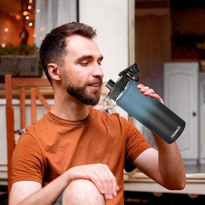 MEZMUT Insulated 24oz Stainless Steel Water Bottle with Straw & 2 Lids - Sports Metal Cup - Double Walled Vacuum Insulated Bottle - Leak-Proof Travel (Gradient Blue Black)