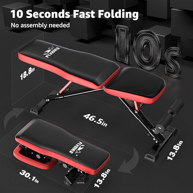 FLYBIRD Strength Training Bench for Home Gym, Adjustable Weight Bench can be Folded for Storage/Vertical Storage, Space-Saving Workout Bench
