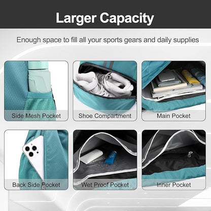 Hoedia Sports Drawstring Backpack - String Swim Gym Bag with Shoes Compartment and Wet Proof Pocket for Women and Men