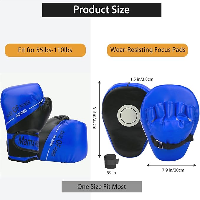 3-in-1 Boxing Gloves and Punching Mitts Set for Kids, Sports Boxing Gloves Boxing Pads with Hand Wraps, Kids Boxing Equipment Set for MMA, Karate, Muay Thai, Taekwondo