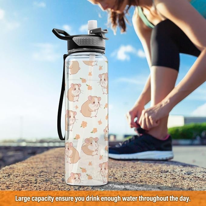 ALAZA Hipster Hamster Flower Floralhippo Sports Water Bottle with Straw Tritan Drink Bottle 32 oz BPA Free Reusable for Travel Outdoor Fitness