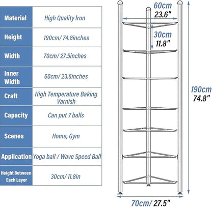 Balance Ball Half Rack 3/5/6/7 Tiers, Iron Half Exercise Balls Holder for Yoga Ball, Home Gym Studios Standing Balls Balance Trainer Shelf