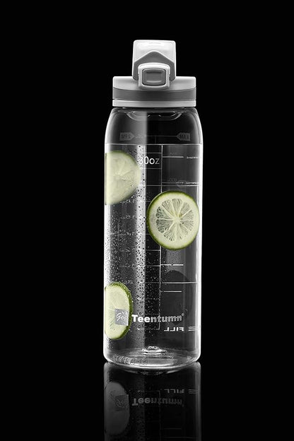 30oz Sport Water Bottle with Time Markers, Large Durable Gym Plastic Bottle Tritan BPA Free for Fitness, School, Outdoor Enthusiasts, Leakproof Clear (Pack of 1)