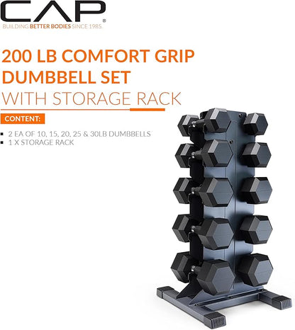 CAP Barbell Rubber Coated Hex Dumbbell Set with Vertical Rack | 100-300 lbs Free Weights Dumbbells Set for Home Gym | Multiple Options
