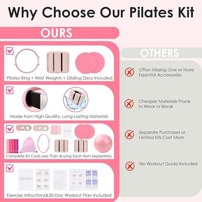 16 PCS Pink Pilates Ring and Ball Set for Women with 15" Magic Circle, Home Pilates Equipment Kit with Adjustable 1LB Ankle Wrist Weight, Resistance Band, Gliding Discs, Pilates Essentials Accessories