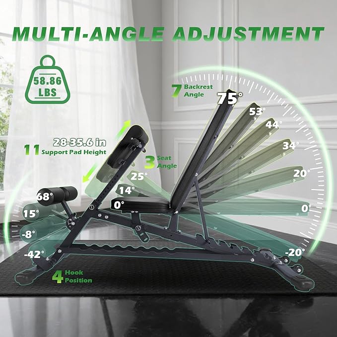 Adjustable Weight Bench with Roman Chair, Utility Workout Bench for home gym 1000 LBS MAX Incline/Decline/Sit Up Bench Press Exercise Equipment 75°to -20°FID Strength Training