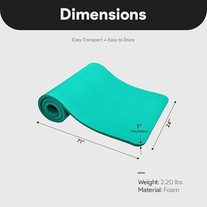 BalanceFrom 71x24 Inches Extra Thick Yoga Mat 1-Inch High-Density Foam – Roll-Up Exercise Pad with Double-Sided Non-Slip Surface and Carrying Strap for Pilates and Home Workouts, Multiple Colors