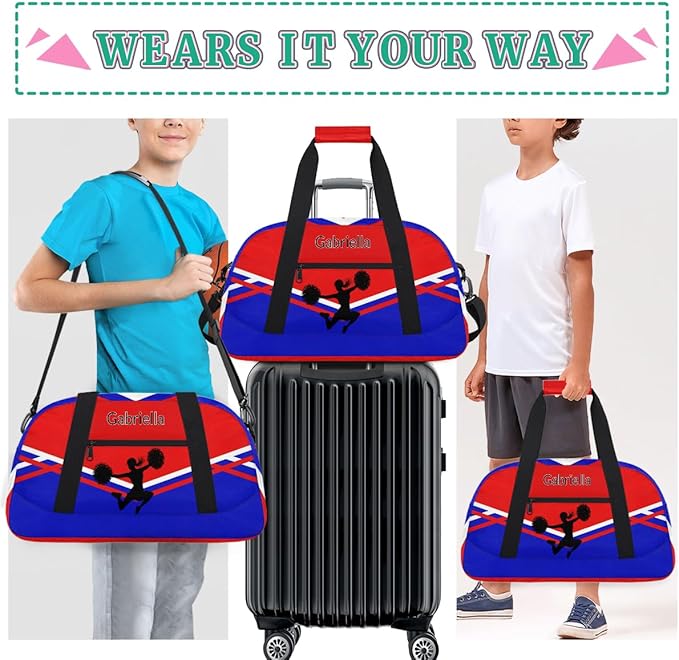 Custom Cheer Cheerleader Bag, Customized Travel Dancing Gym Barrel Bag with Name Camping Carry On Overnight Duffel Bag, Red Royal Blue Black Cheerleader Silhouette