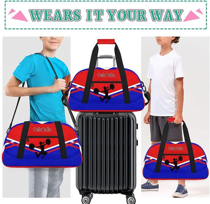 Custom Cheer Cheerleader Bag, Customized Travel Dancing Gym Barrel Bag with Name Camping Carry On Overnight Duffel Bag, Red Royal Blue Black Cheerleader Silhouette
