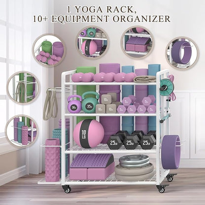 4-Tier Dumbbell Rack Stand Only, Adjustable Weight Rack for Dumbbells Kettlebells Yoga Mat, Home Gym Storage Rack with Wheels and Hooks, Powder Coated Finish