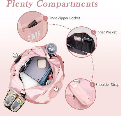 Gym Bag for Women, Personalized Duffle Bag with Shoe Compartment, Sports Duffle for Yoga & Dance with Wet Pocket and Mat Strap.
