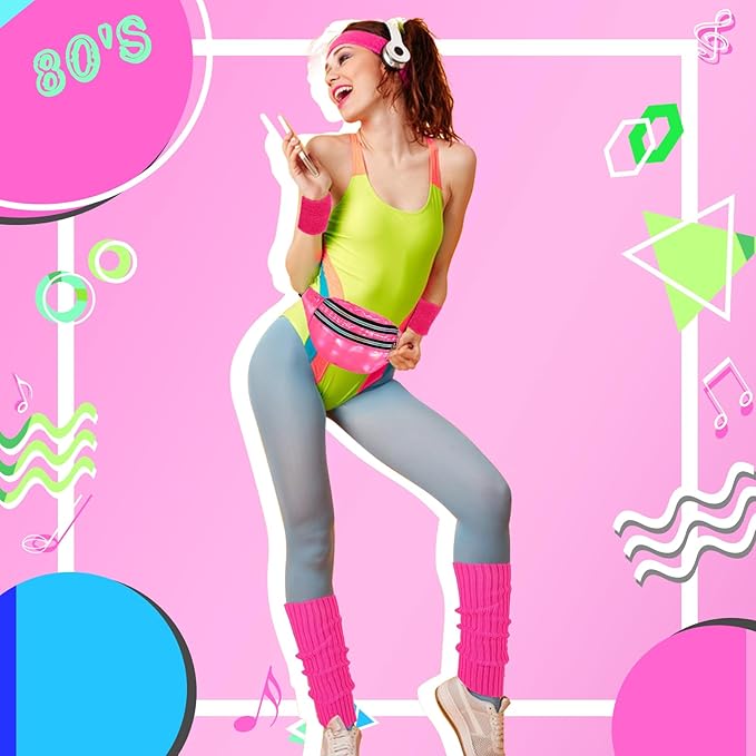 80s Neon Workout Costume Accessories Set 10 PCS Leg Warmers for Women 80s Headband Wristband Fanny Pack for Yoga Running