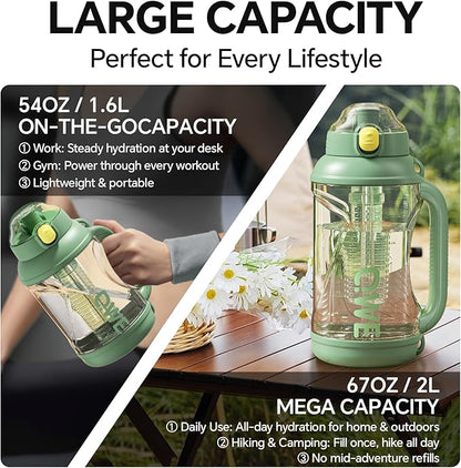 QWE Gym Plastic PPSU Water Bottles for men with Straw and Handle,Lightweight,54oz Large High-capacity for Hiking&Camping,Heat-resisting,Reusable, BPA Free,Double Drinking,leak proof(Green)