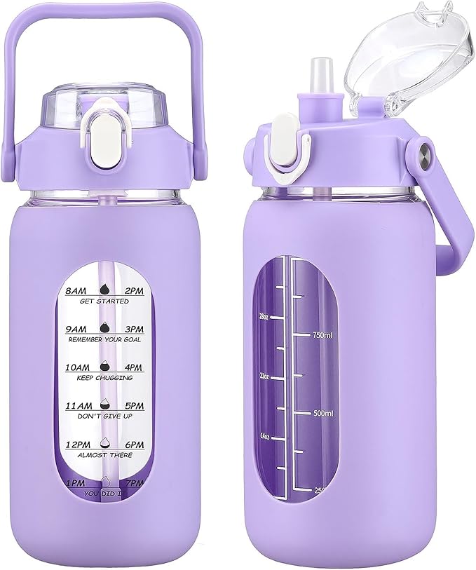 kytffu 42oz Glass Water Bottles with Straw, Motivational Glass Bottle with Silicone Sleeve and Time Marker, Leakproof Large Glass Water Jug for Gym Home Office,Purple