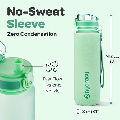 Hydracy Water Bottle with Time Marker -Large BPA Free Water Bottle & No Sweat Sleeve -Leak Proof Gym Bottle with Fruit Infuser Strainer & Times to Drink -Ideal for Fitness Sports & Outdoors