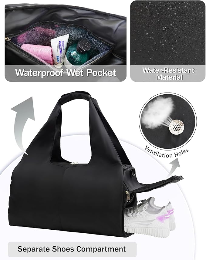 Gym Bag for Women with Shoe Compartment Yoga Mat Bag with Wet Pocket and Water Bottle Holder Weekender Bag with Strap