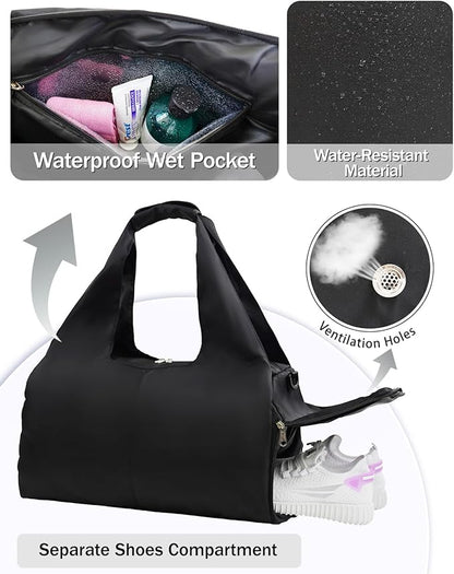 Gym Bag for Women with Shoe Compartment Yoga Mat Bag with Wet Pocket and Water Bottle Holder Weekender Bag with Strap
