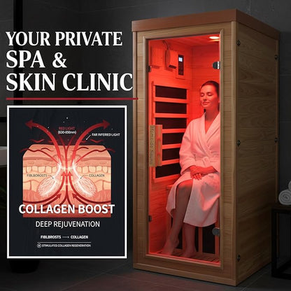 Homsido Red Light Therapy Infrared Sauna for Home – 1300W 110V 1-Person Indoor Wood Sauna w/Carbon Crystal Heaters, Red Light Lamp, Post-Workout Recovery & Spa Relaxation, Gift for Women Men