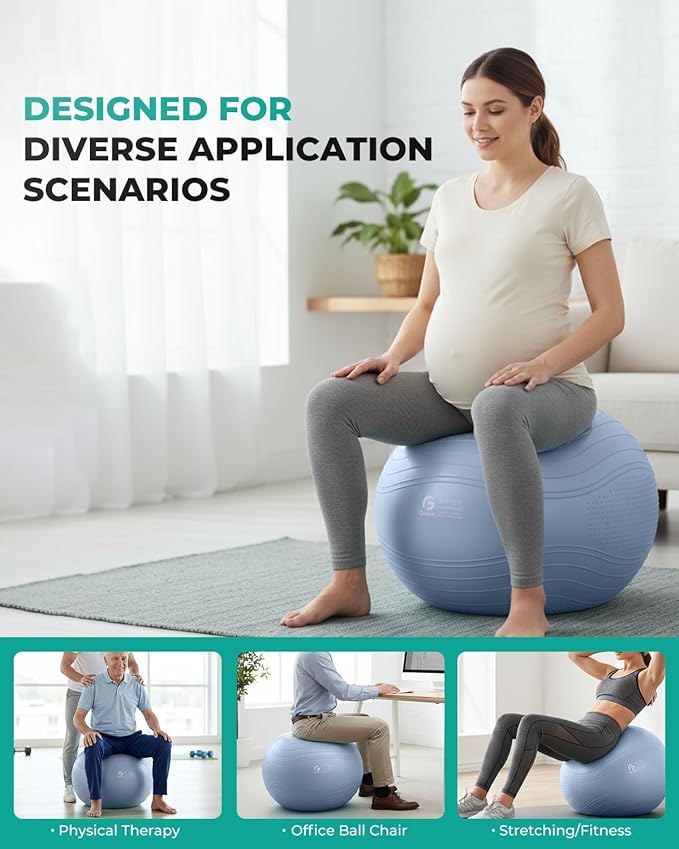 Gruper Yoga Ball, Extra Thick Exercise Ball for Workout Pregnancy Stability - 4 Sizes Anti Burst Balance Ball for Yoga, Pilates, Fitness, Birthing, Physical Therapy - Includes Pump