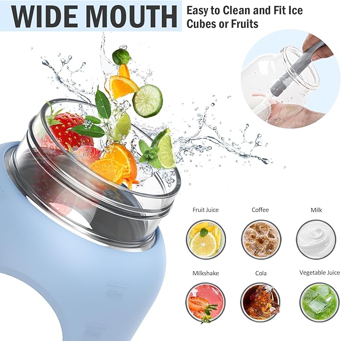 84oz Glass Water Bottle with Stainless Steel Handle,2.5L Gallon Water Bottle with 2-IN-1 Straw Lid, Silicone Sleeve and Motivational Capacity Marker, Wide Mouth Water Jug For Gym, Workout, Blue