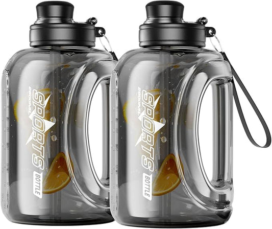 Half Gallon Water Bottle, 95 OZ/2.8 L Water Jug with Straw, Large Water Bottle with Portable Handle, Big Water Jug with Portable Strap for Drinking and Sports Outdoor Gym (Black-2)