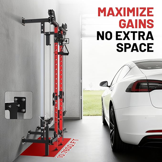 GarveeLife Folding Squat Rack, Wall Mounted Power Rack with Pulley System & Pull Up Bar, Compact Fitness Equipment with 5 Adjustable Function Modes for Small Spaces, Garage, Apartment, Red