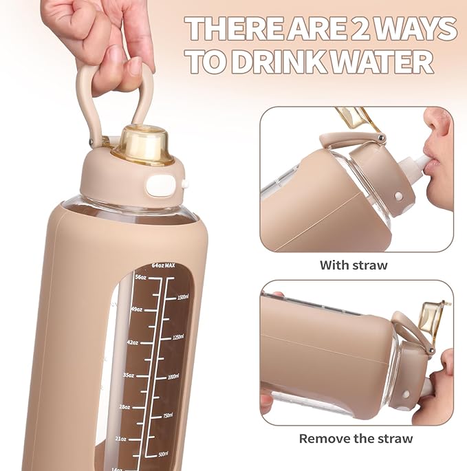 SIEROZUR 64 oz Glass Water Bottle with Straw and Handle Half Gallon Large Water Bottle with Silicone Sleeve and Time Marker Sports Water Jug Wide Mouth for Travel Gym