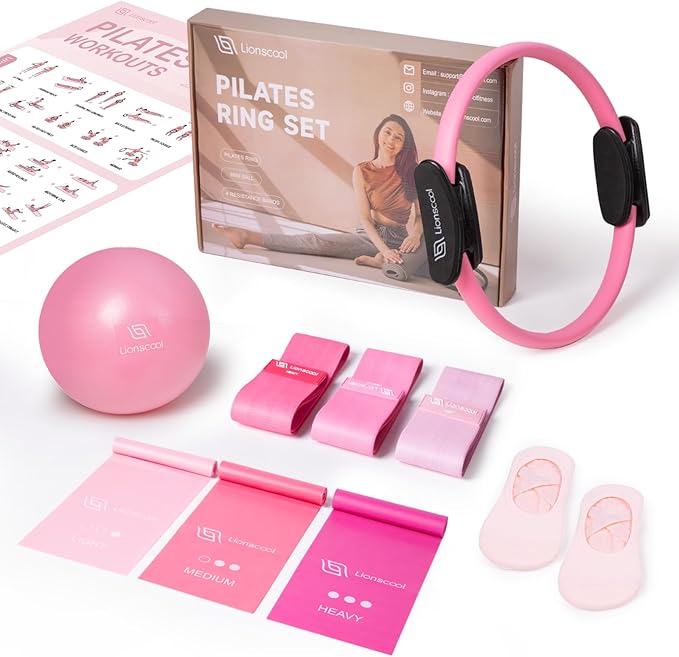 LIONSCOOL Pilates Ring Set – 14" Anti-Deformation Magic Circle with Padded Handles, Mini Ball, Resistance Bands, Guide & Bag