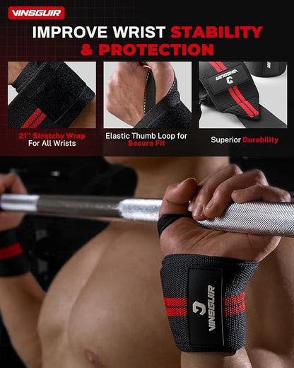 VINSGUIR 21'' Elastic Wrist Wraps for Weightlifting and Working Out(USPA Approved), Breathable Gym Wrist Sraps for Weightlifting with Thumb Loop and Left/Right Tabs, Wrist Brace for Wrist Support and Protection, Men and Women (Pair)