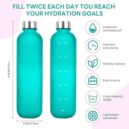 Water Bottle 32 oz, Frosted Style Sports Water Bottles BPA Free Water Bottle With Time Marker,Small mouth Leakproof Water Bottles with Strap for Gym Fitness Hiking Bike Camping (Green)